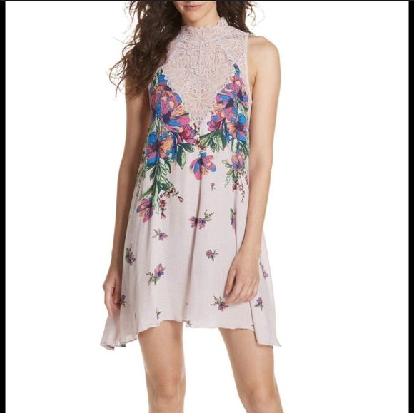 People Womens Marsha Floral Print Lace-Inset Mini Dress Purple - Picture 1 of 7